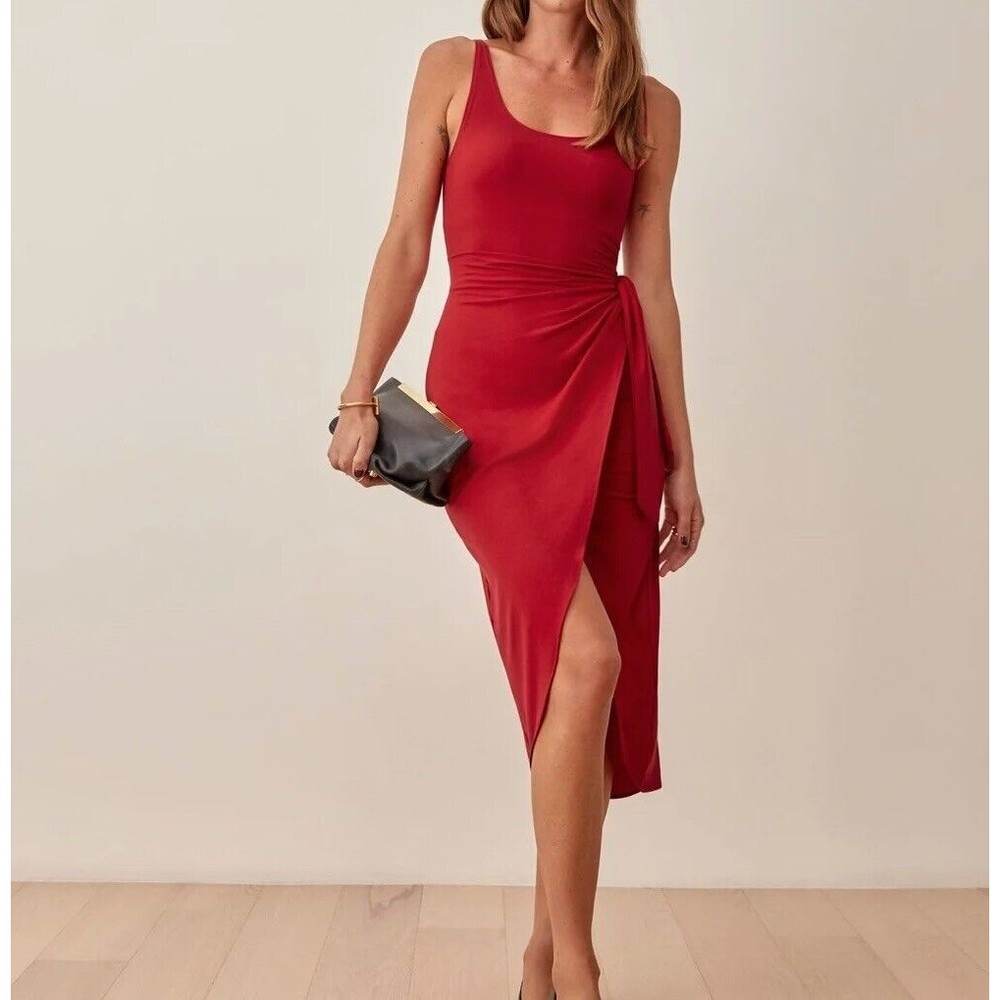 Reformation Medium Kaila Faux Wrap Midi Dress Red Lipstick Sleeveless Stretch